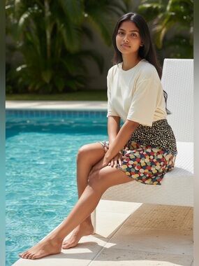 COREY LYNN CALTER Anthropologie 100% Silk Pull On Skirt Black Orange Polka Dot